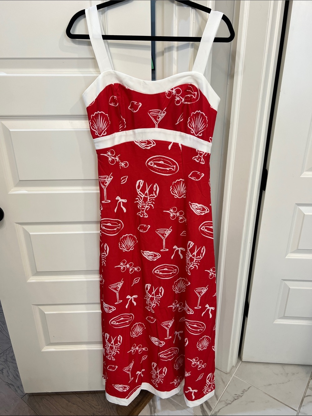 Avara Red Shell-Print Sundress with White Trim